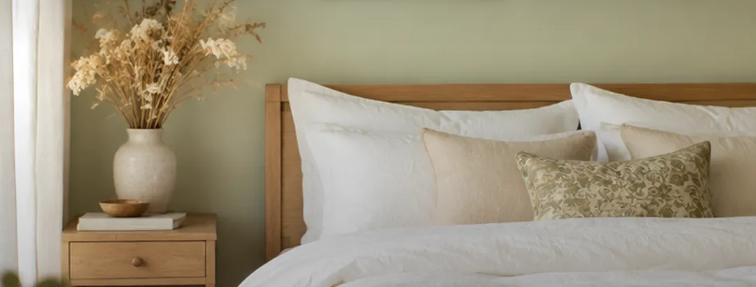 Quarto com parede no tom Aipo, cama com roupa de cama branca e cabeceira de madeira clara