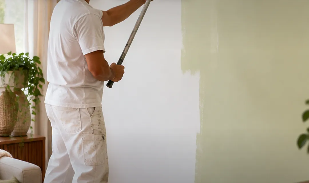 Pintor passando rolo com tinta verde-clara em uma parede branca